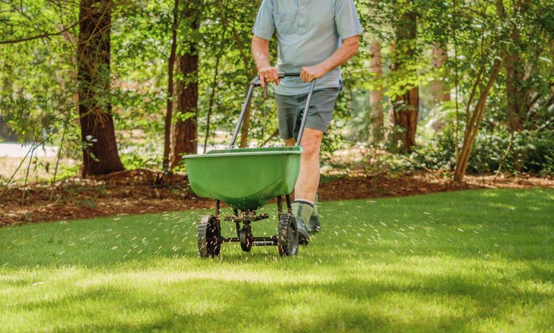 A man utilizing a green wheelbarrow to mow the grass.