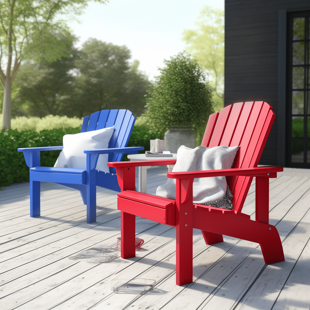 a couple of red and blue chairs sitting on top of a wooden deck.