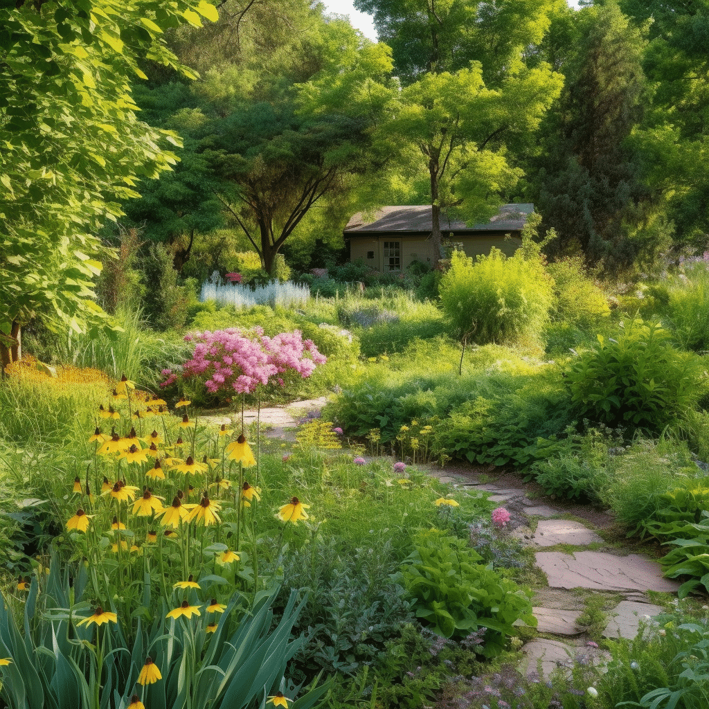 a garden filled with lots of green plants and flowers.