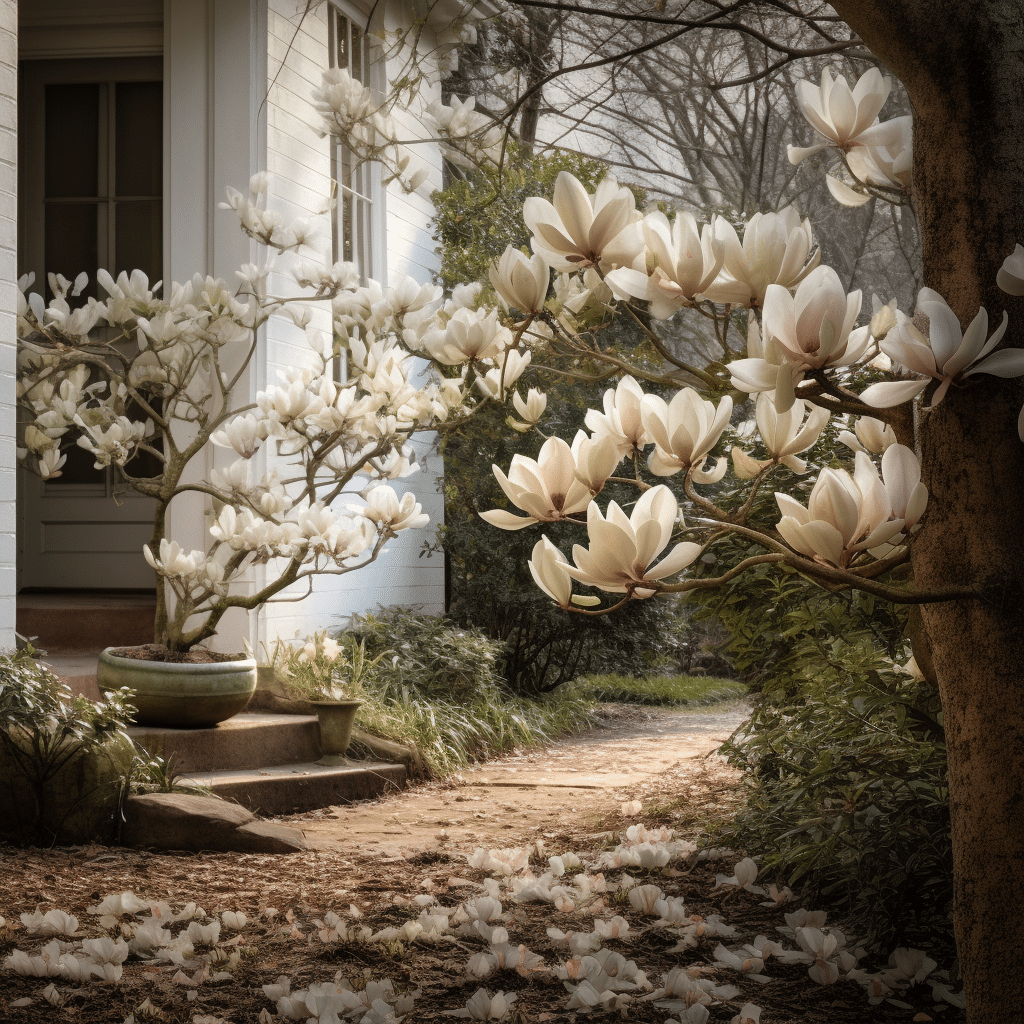 magnolias blooming in front of a house.
