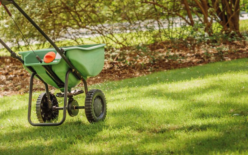 a green wheelbarrow is being used to spread fertilizer in a lawn.