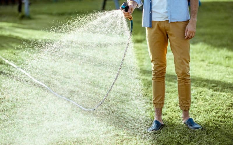 a man spraying water on a lawn.