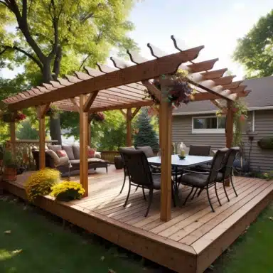 A wooden deck with a wooden pergola.