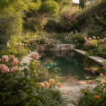 A pool surrounded by pink flowers and trees.