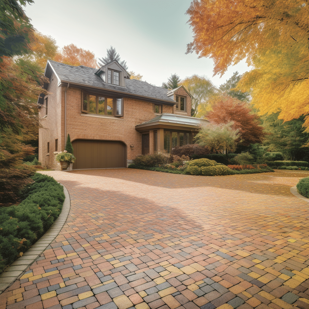 A driveway with brick pavers and trees in the background.