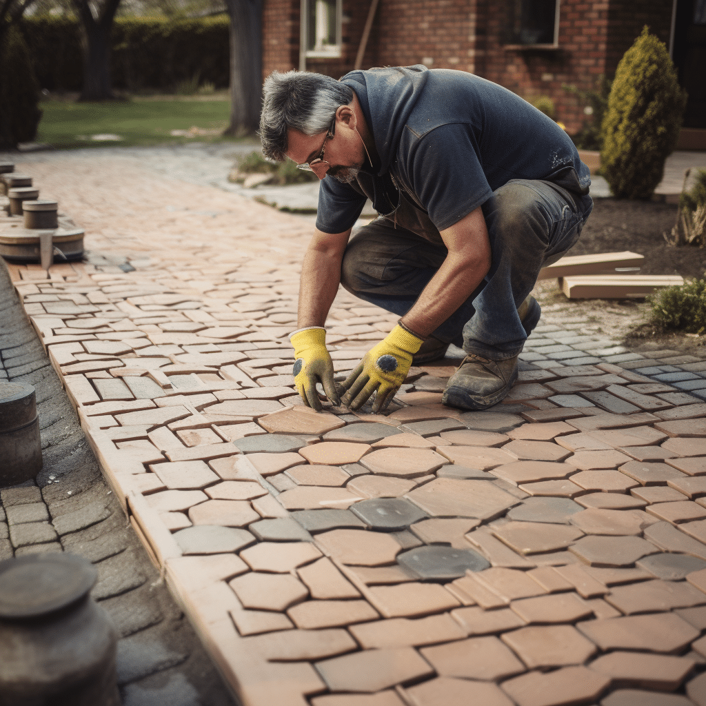 A man is laying bricks on a walkway.
