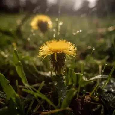 A yellow dandelion in the grass with water droplets.