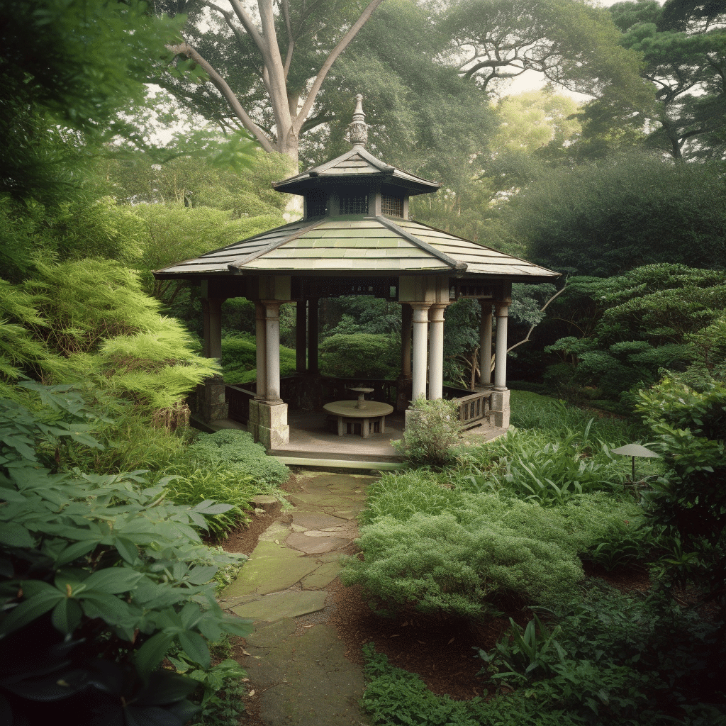 A garden feature combining elements of a gazebo for a unique alternate design.