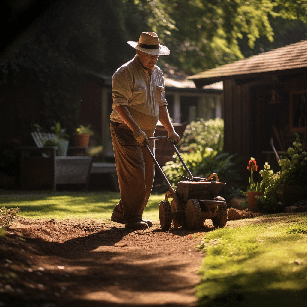 a man in a hat is mowing his lawn with a lawn mower.