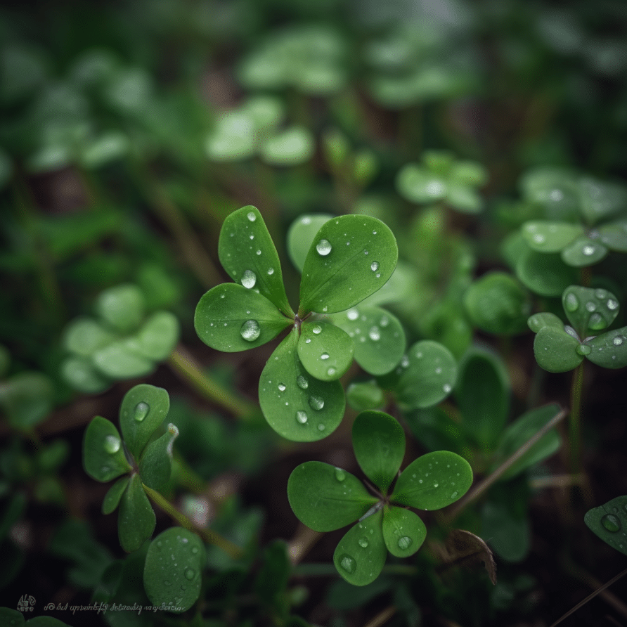 Four leaf clover with water droplets.