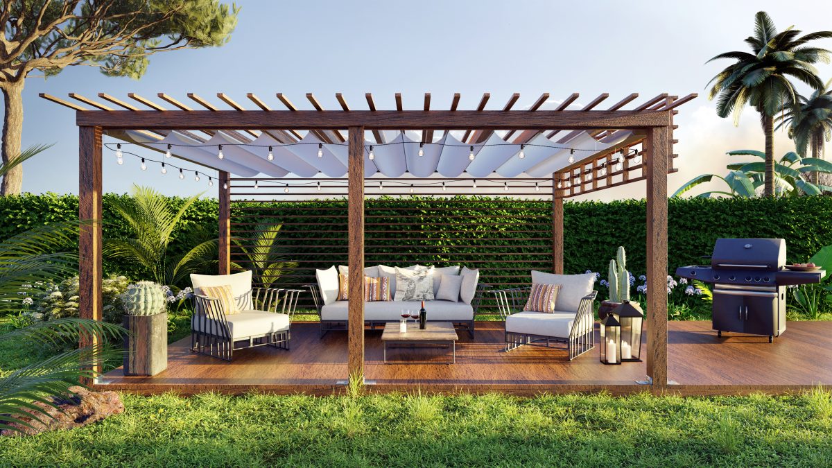 3D illustration of a luxury wooden teak deck with bbq grill and decor furniture. Front view of a wooden pergola in green garden.
