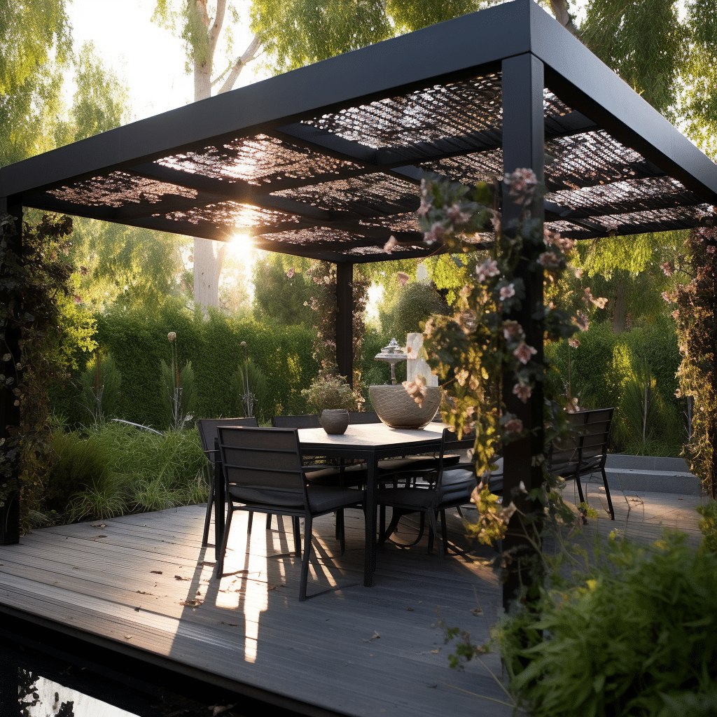 an outdoor dining area with a pergola.