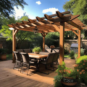 a wooden pergola with a dining table and chairs.