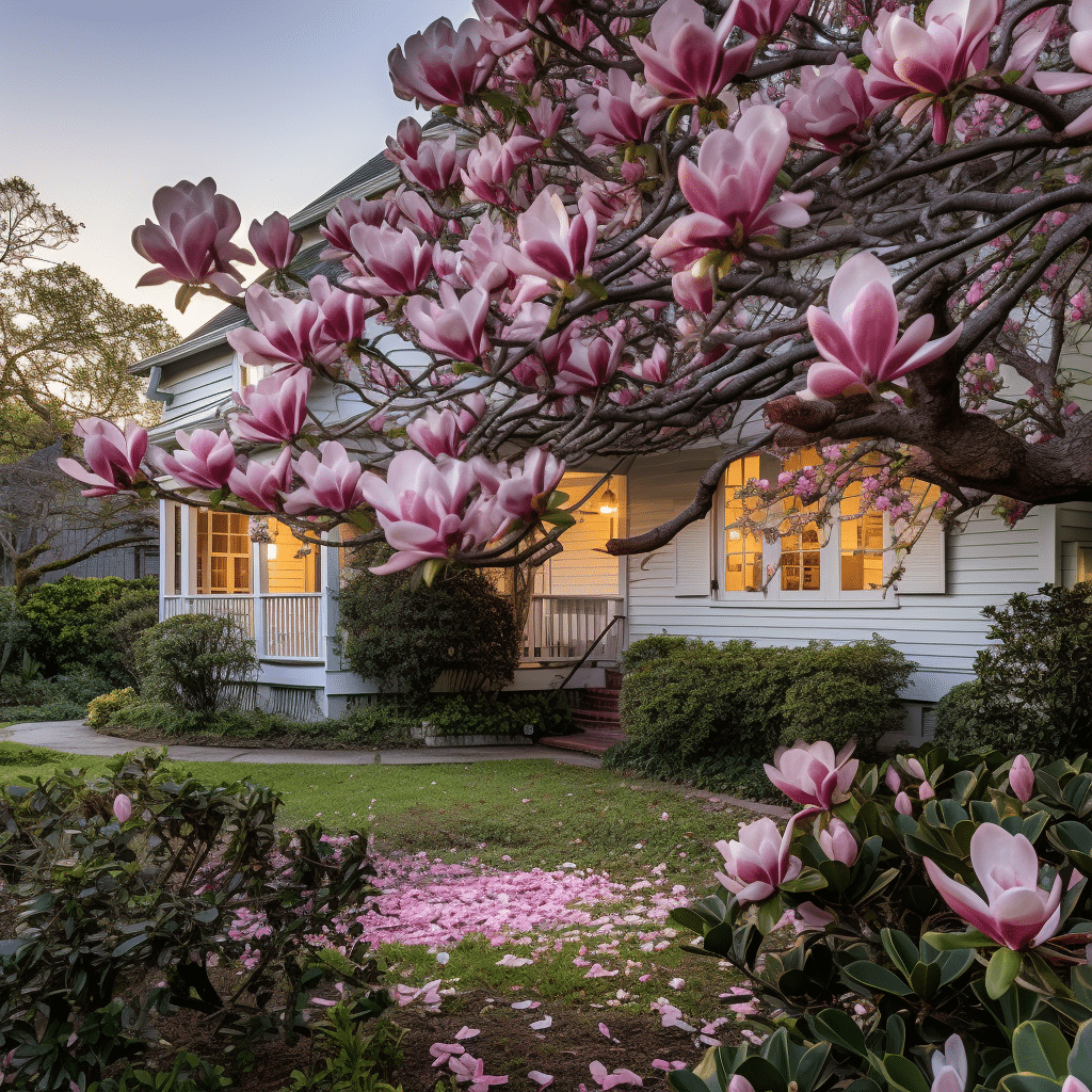 a magnolia tree with pink blossoms in front of a house.