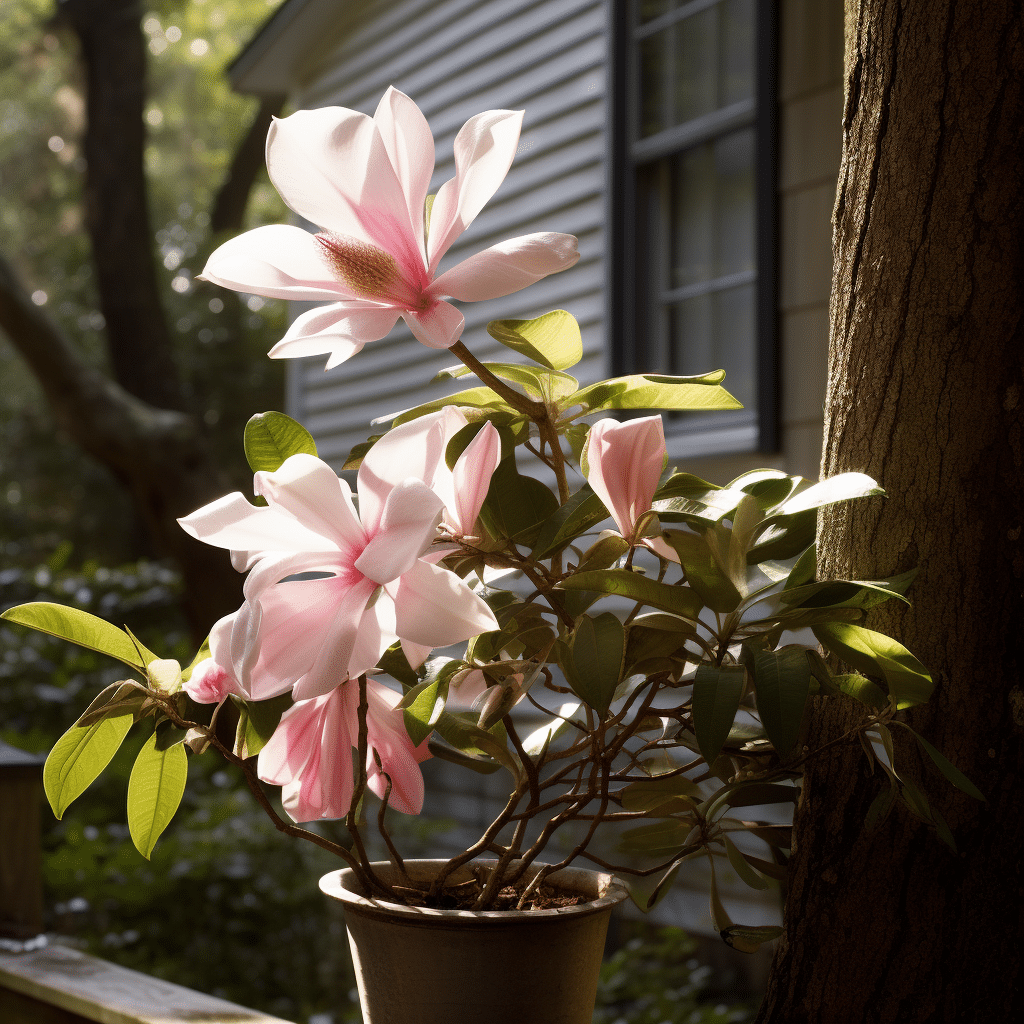 a pink flower in a pot on a wooden deck.