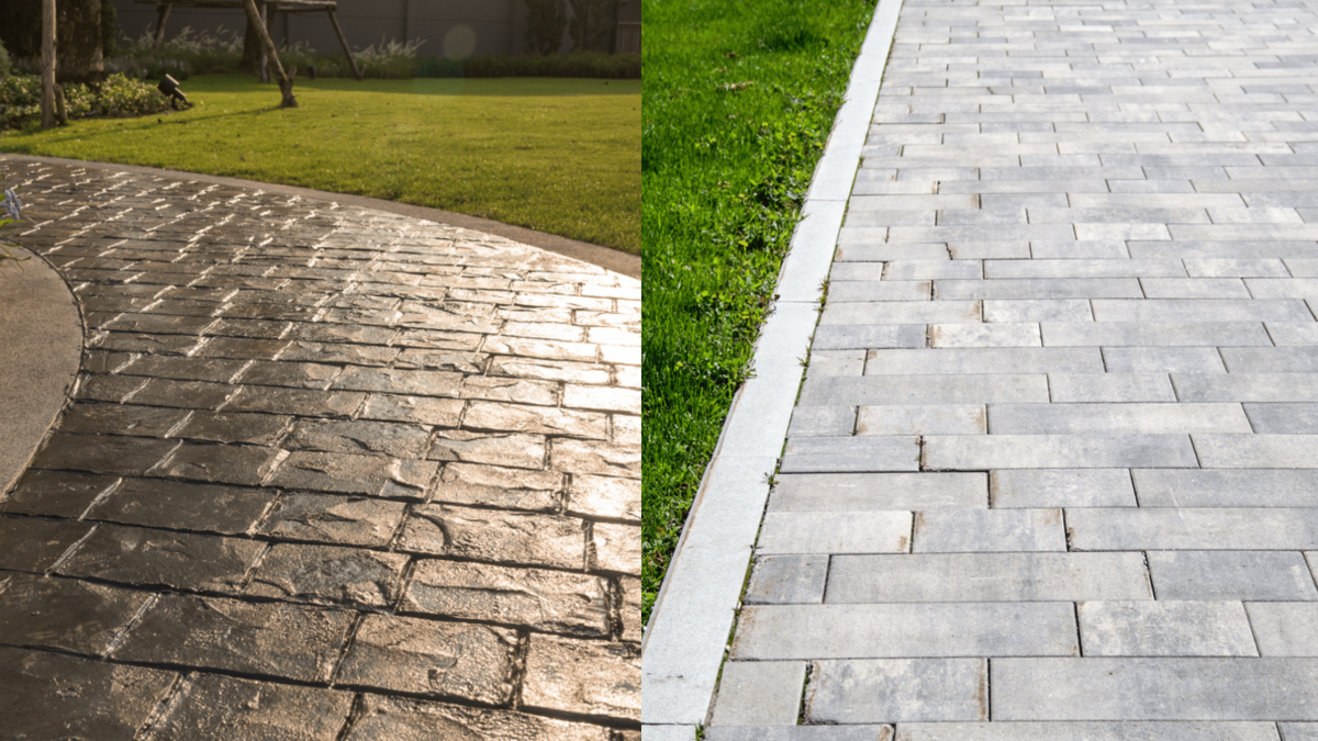 Before and after pictures of a stone walkway.