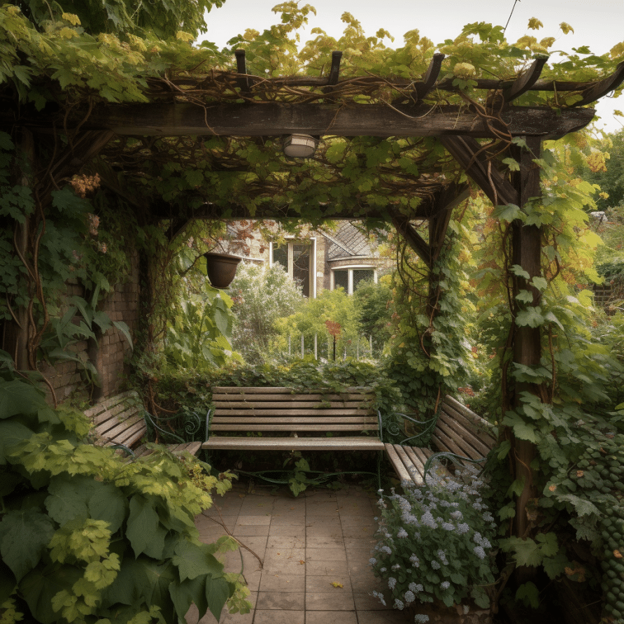 A wooden pergola covered in vines.