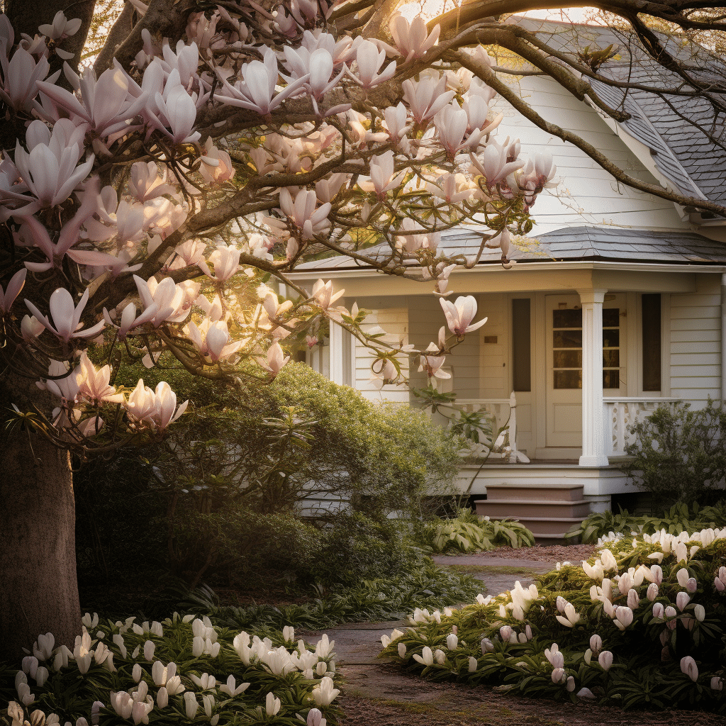 a white house with magnolia flowers in front of it.