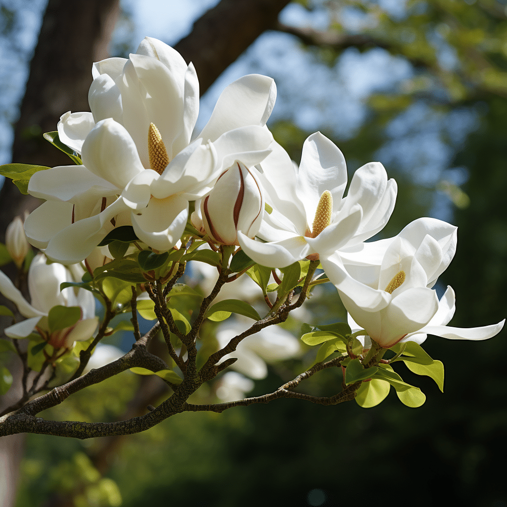 white magnolia flowers on a tree branch.