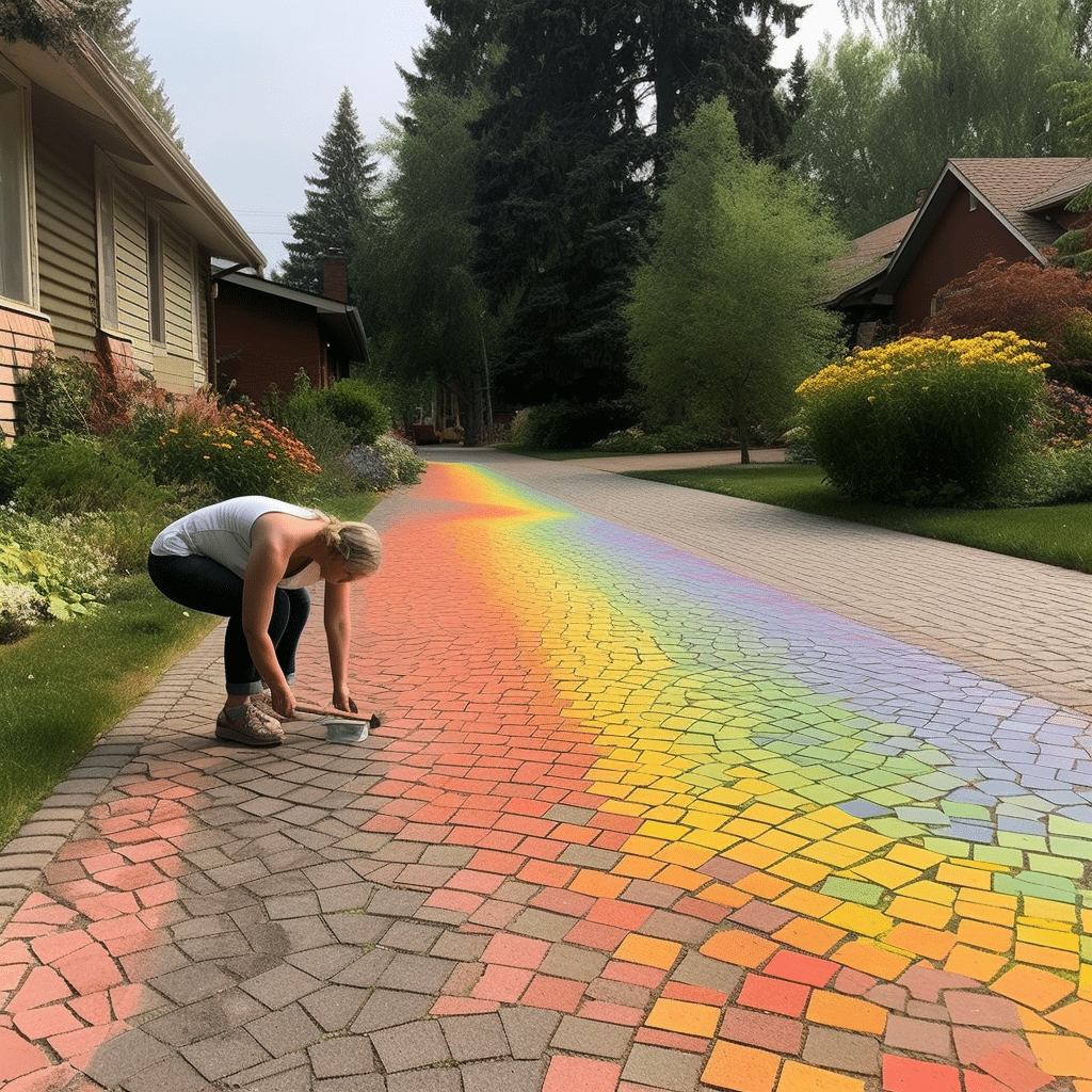 A woman painting a rainbow on a driveway.