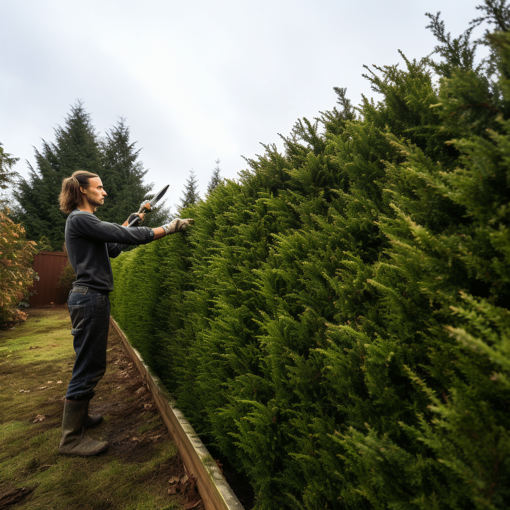 a woman cutting a hedge.