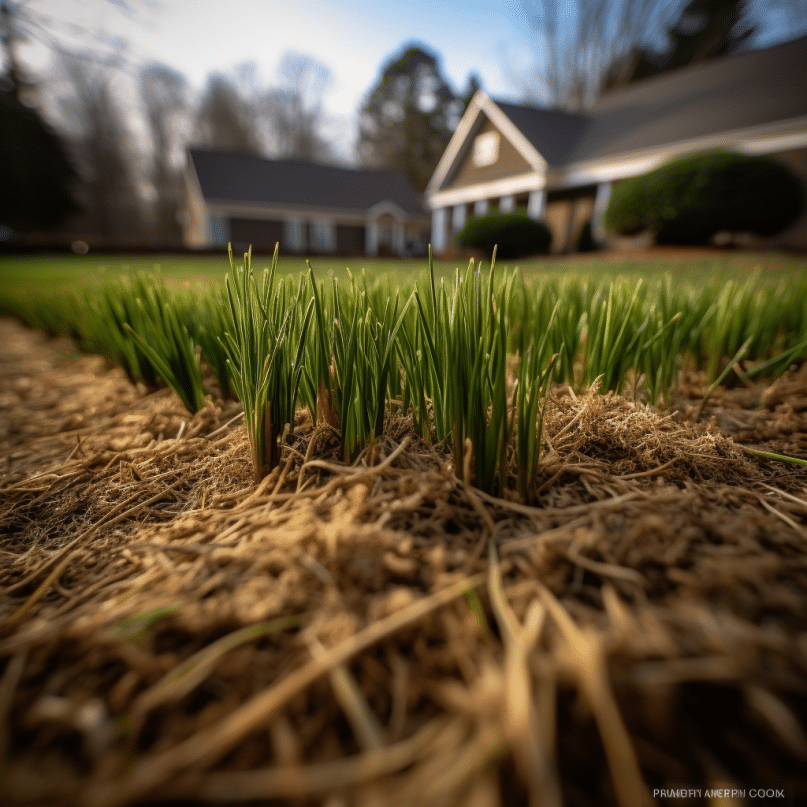 A lawn with grass growing in front of a house.