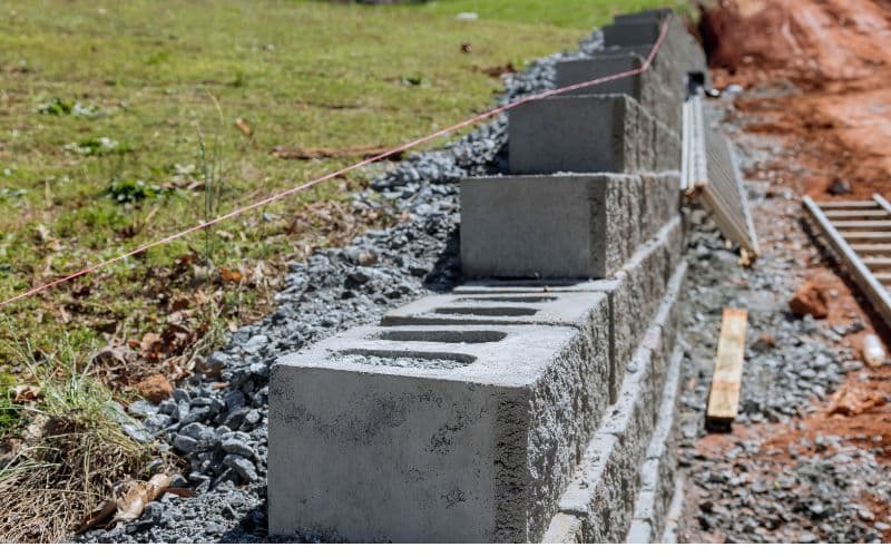 A concrete retaining wall is being built in between a home property