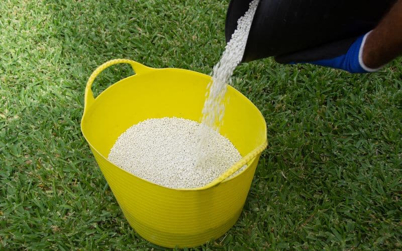 A person pouring a grass fertilizer into a yellow bucket.