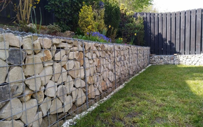 Gabion retaining wall in a garden.