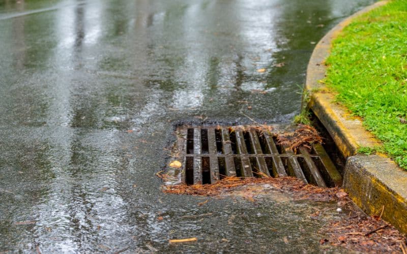 A storm drain in the middle of a wet street.