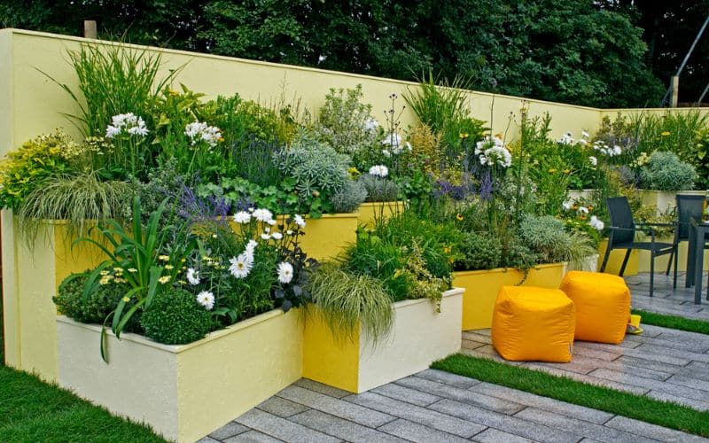Concrete raised garden beds in an urban setting