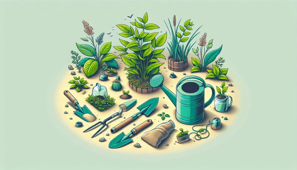 garden tools and plants illustration
