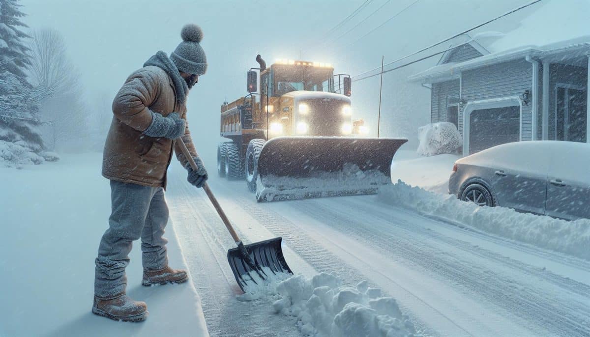 man shoveling snow near plow truck