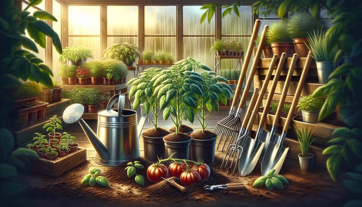 sunny greenhouse gardening tools plants