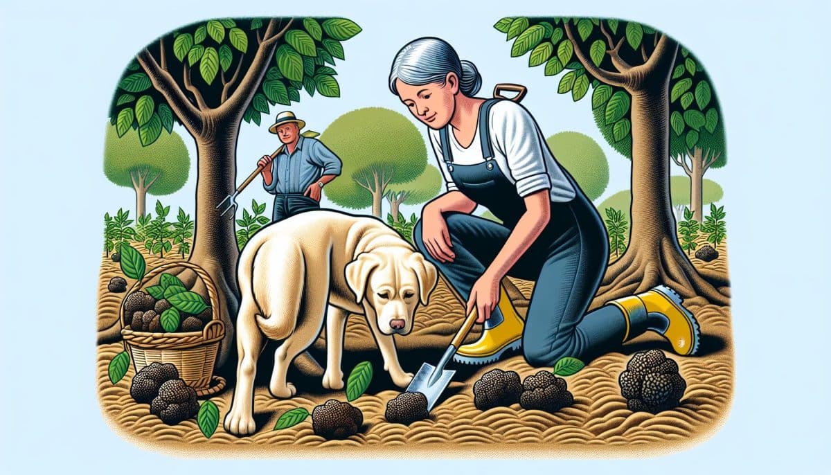 woman dog farming truffle hunt