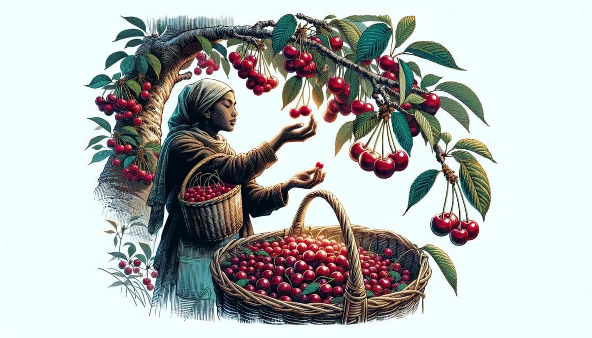 woman harvesting cherries vintage illustration