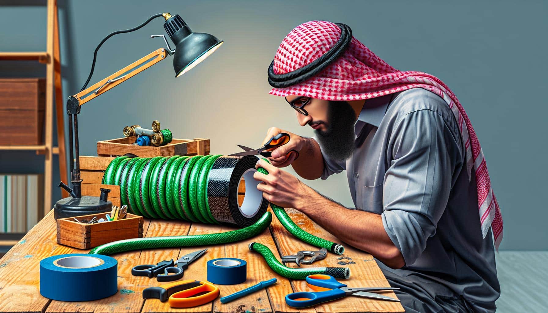 Arab man repairing hose with tools