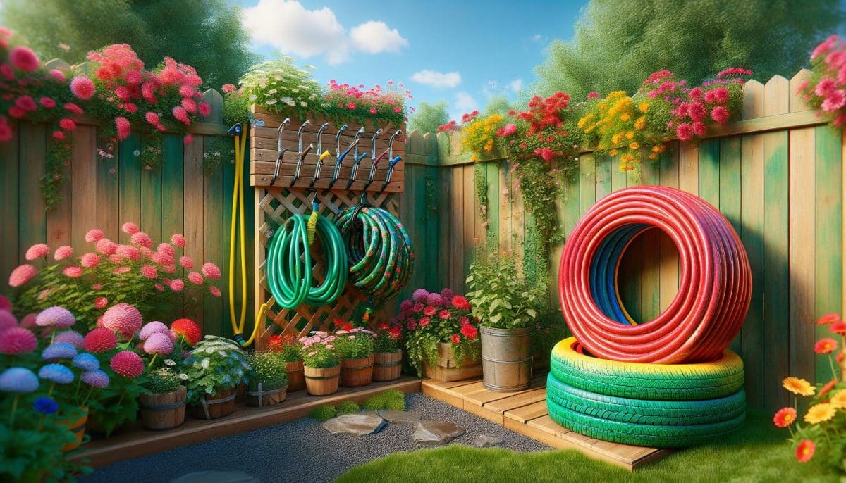 Colorful Garden Hoses and Flowers