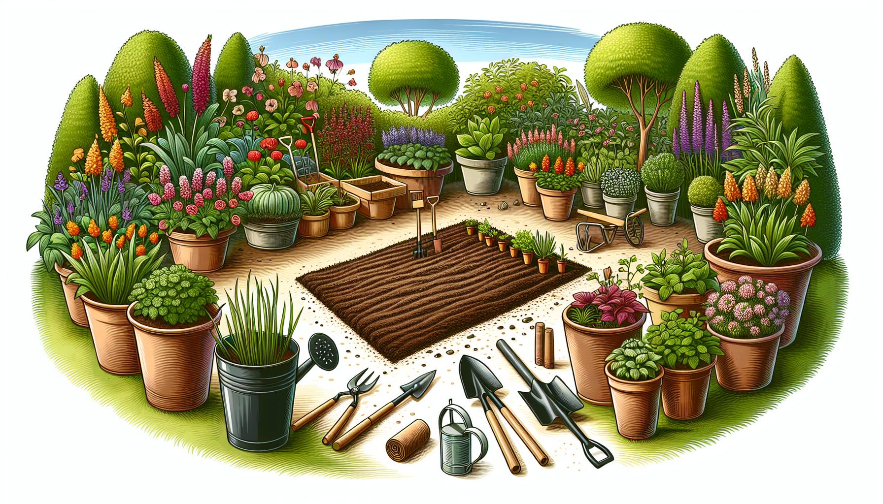 Garden Tools and Plants Illustration