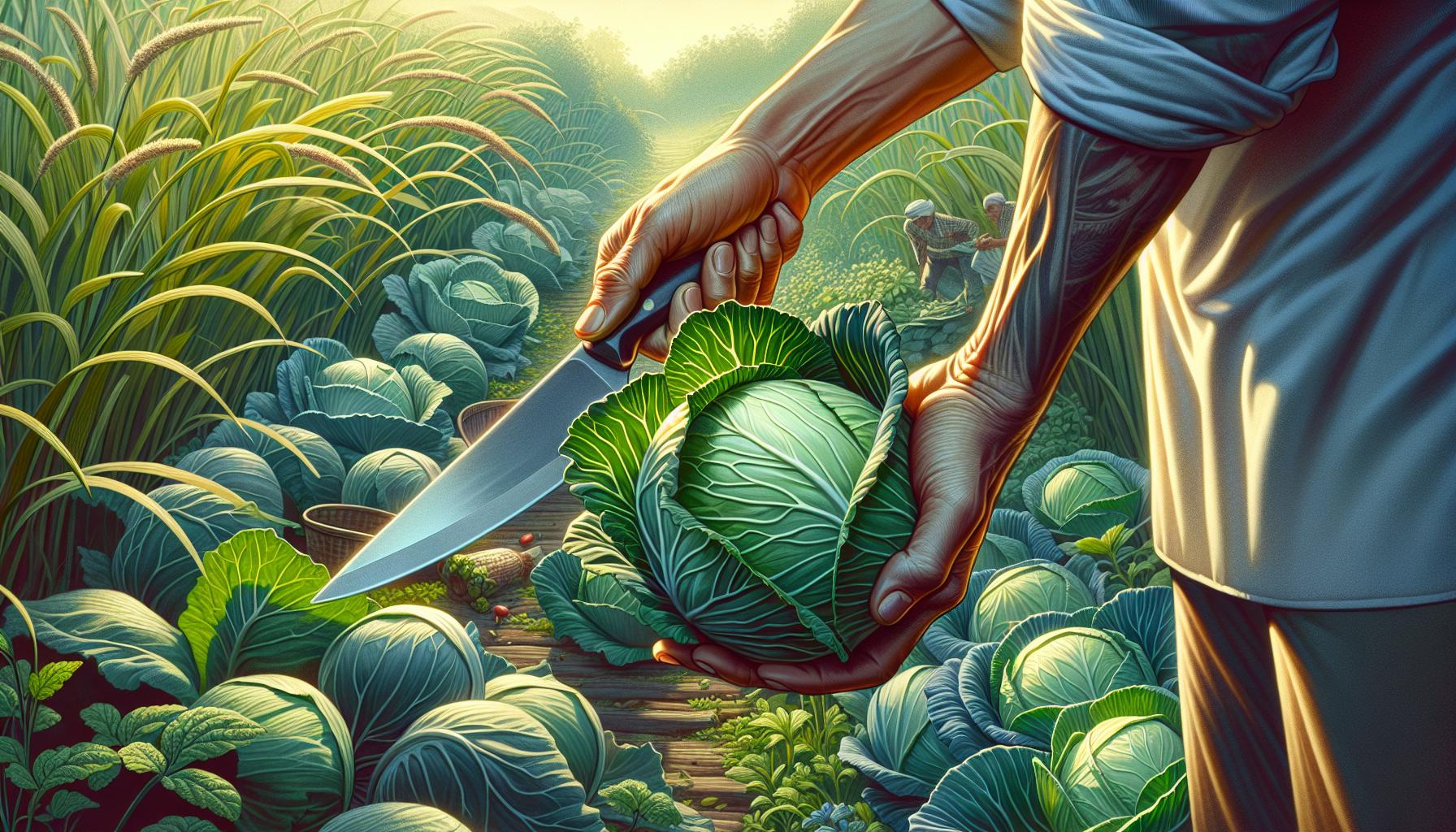 farmer harvesting cabbage field