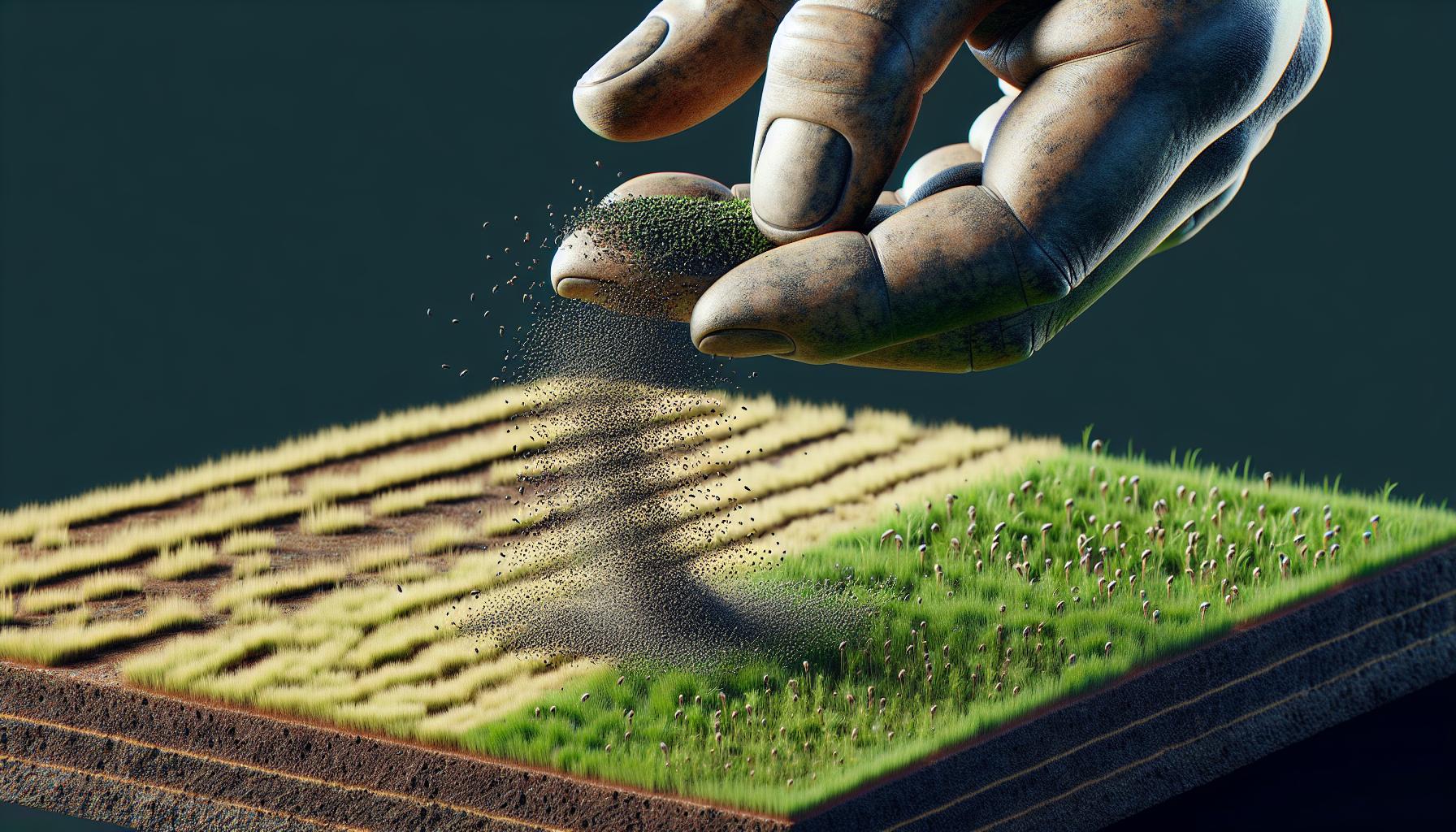 hand sprinkling sand on grass terrain