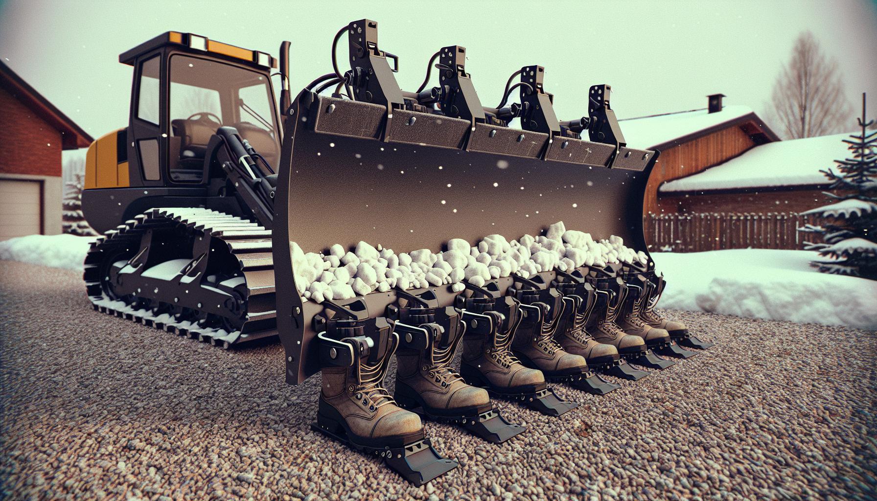 snowy bulldozer with boots art installation