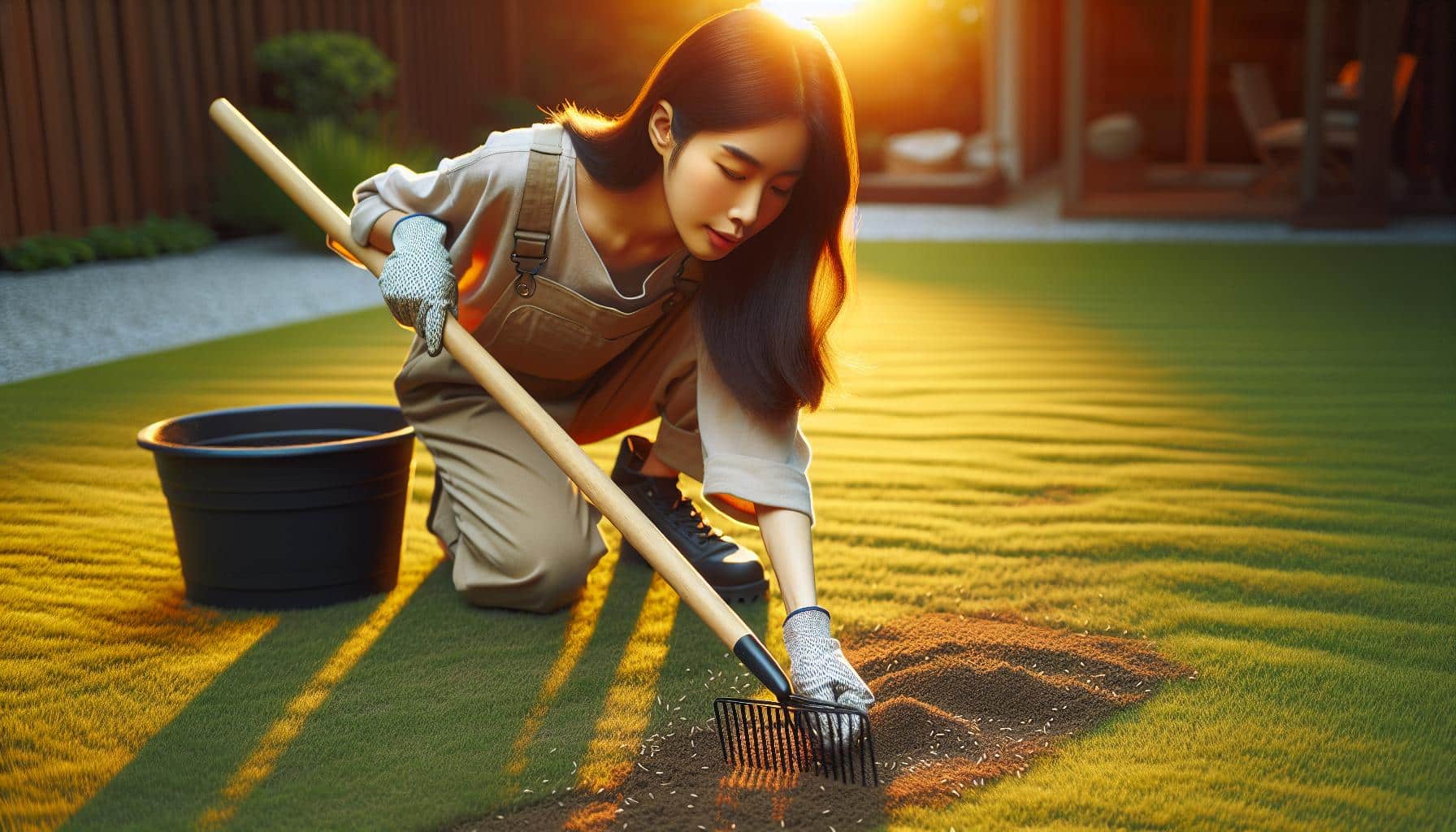 woman cleaning artificial grass sunset