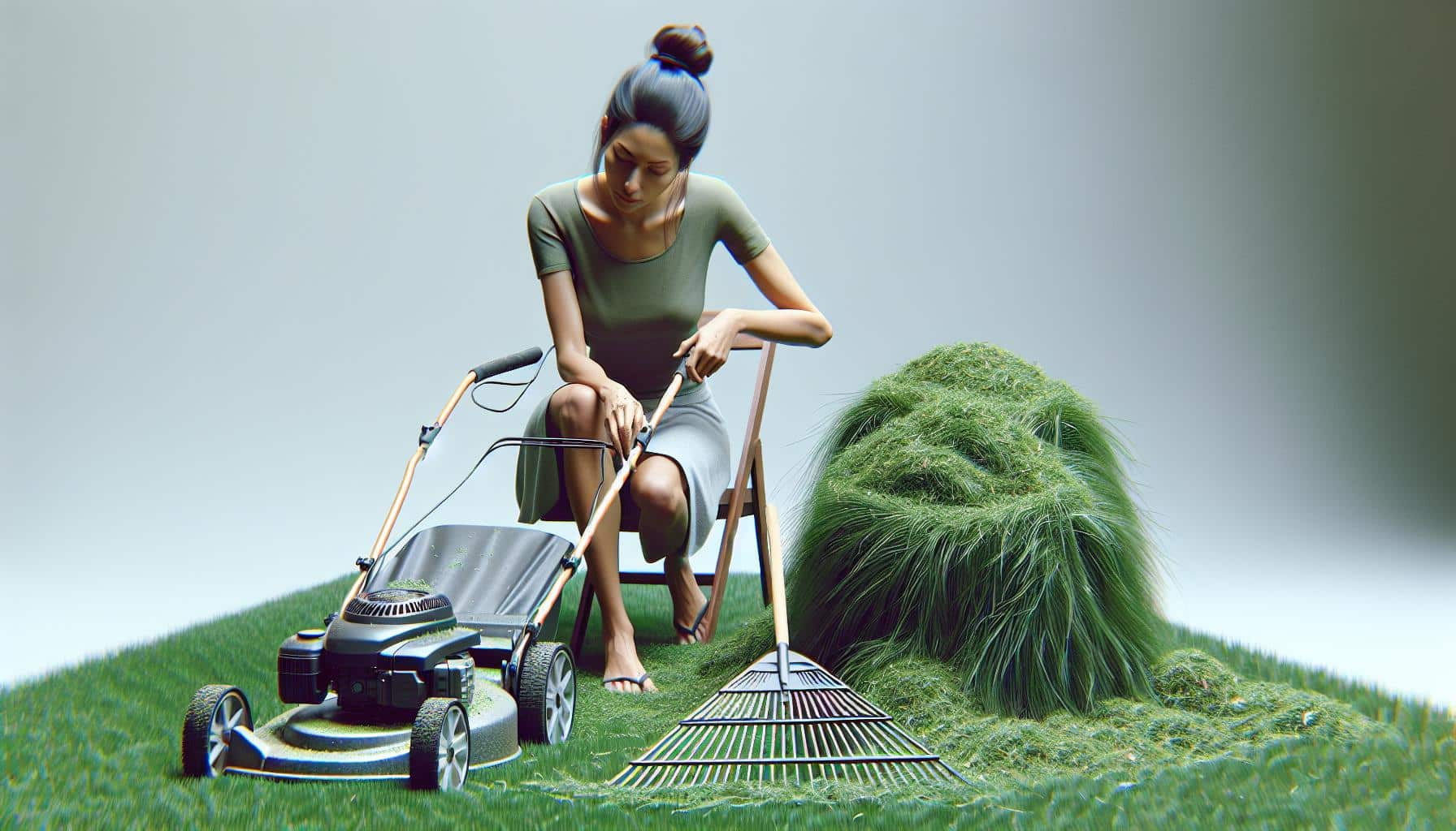 woman mowing lawn miniature scene