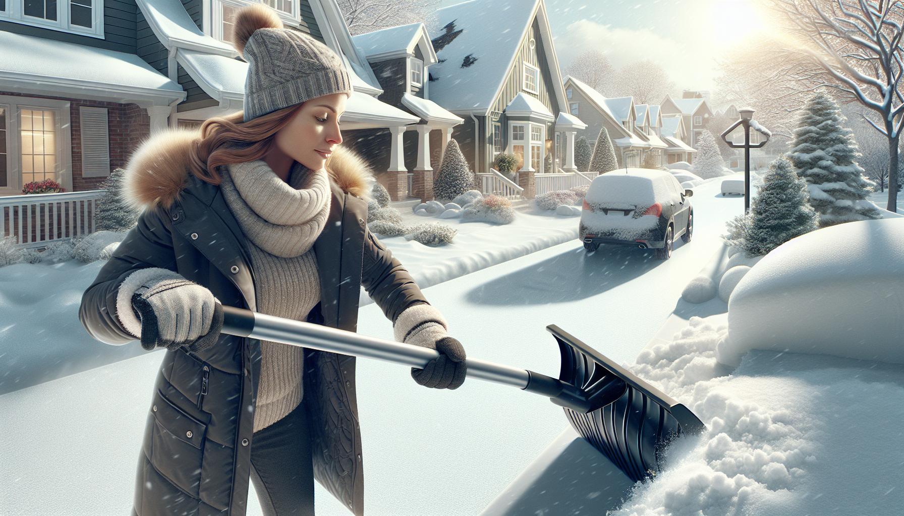 woman shoveling snow winter scene