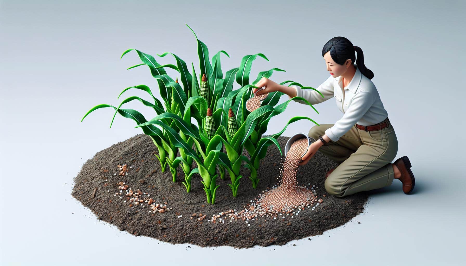 woman watering corn plant growth